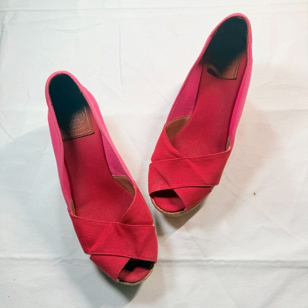 Tory Burch Canvas Espadrille Wedges Colorblock Pink Red Peep Toe Shoes Size 10B